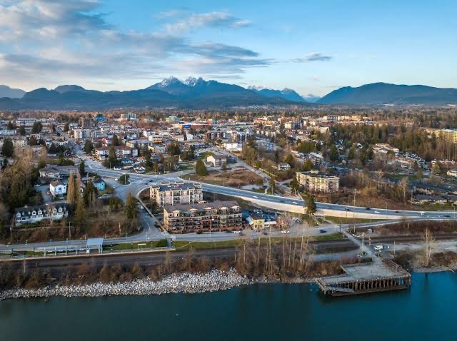 Aerial view of Maple Ridge with the Golden Ears mountains