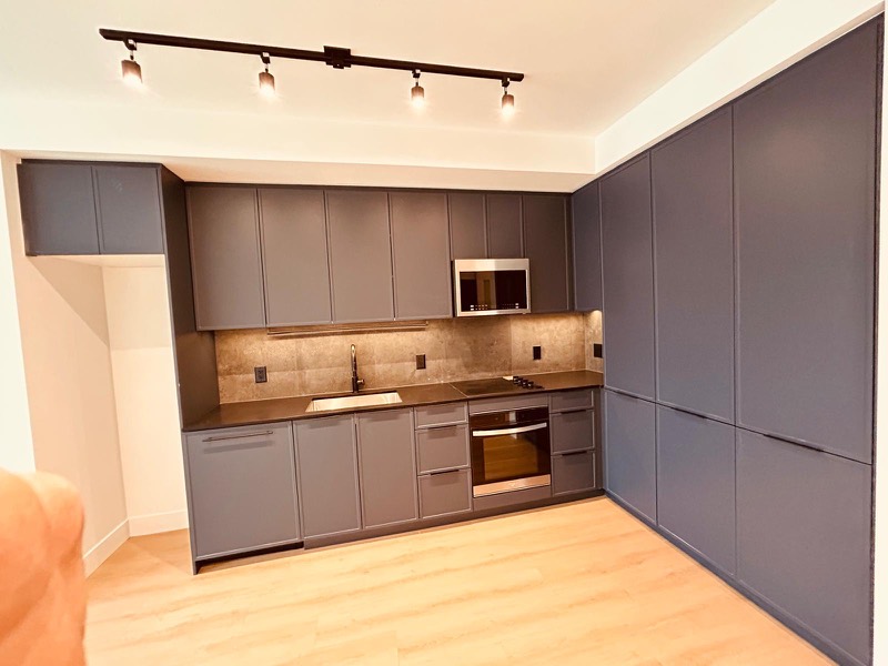 Condo kitchen with integrated appliances and track lighting