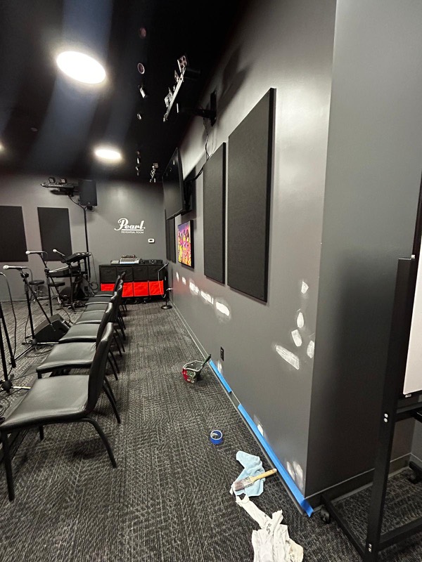 Rehearsal studio during wall repairs and surface prep