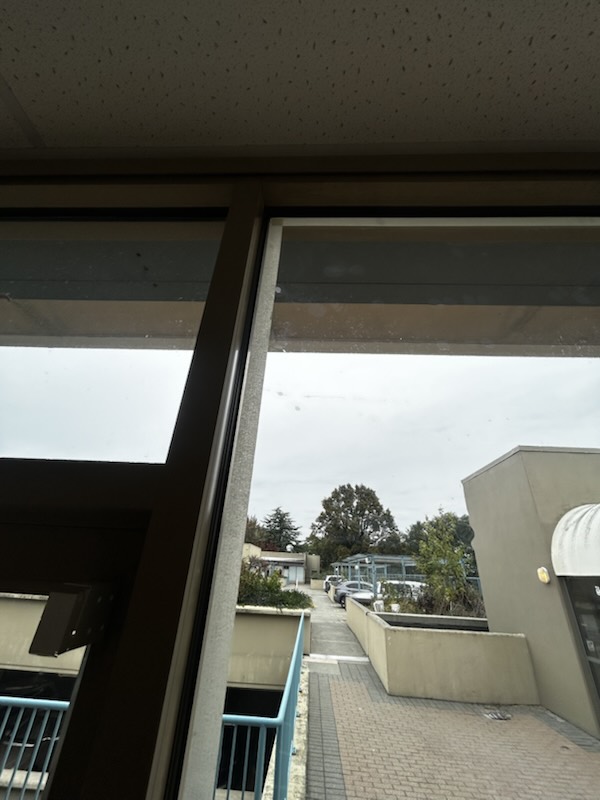 Storefront window head joint sealed with black silicone